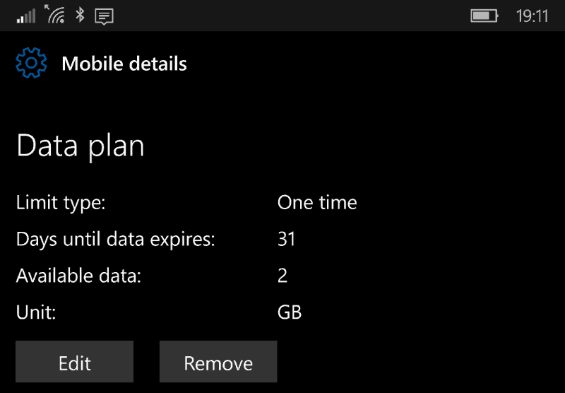 Screenshot of the Windows 10 Mobile Data plan screen