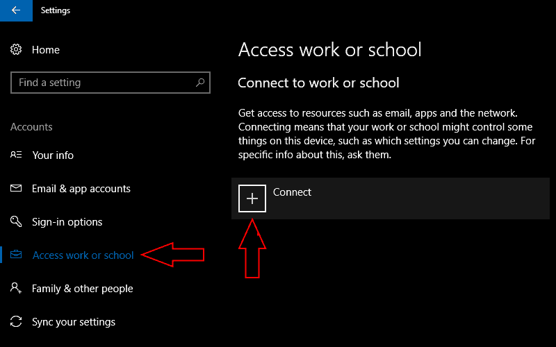 Screenshot of Windows 10 Creators Update "access work or school" settings page