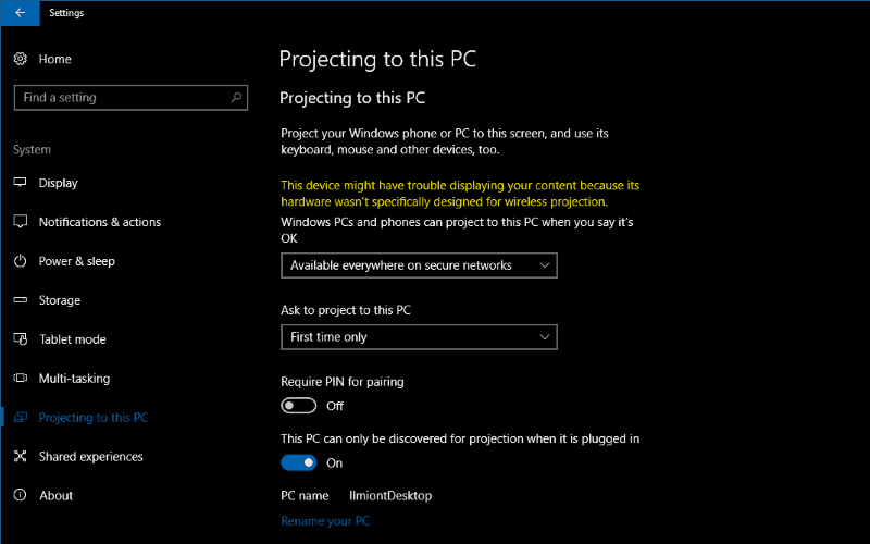 Screenshot of Windows 10 projecting to PC Settings screen