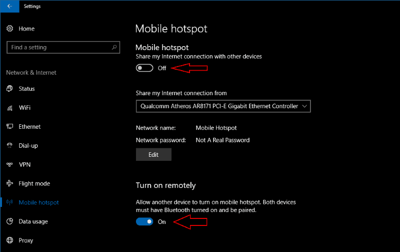 Screenshot of Windows 10 mobile hotspot settings