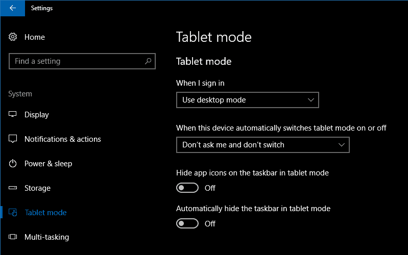 Screenshot of Windows 10 tablet mode settings screen