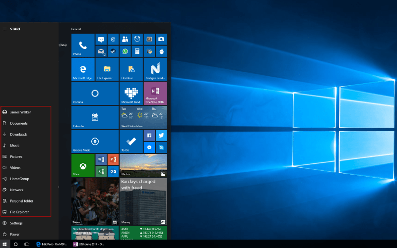 Screenshot of Windows 10's Start Menu shortcuts