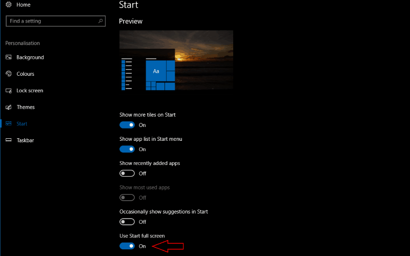 Screenshot of Windows 10 Use Start full screen toggle