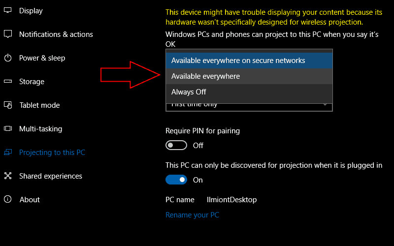 Close-up screenshot of Windows 10 project to PC availability settings