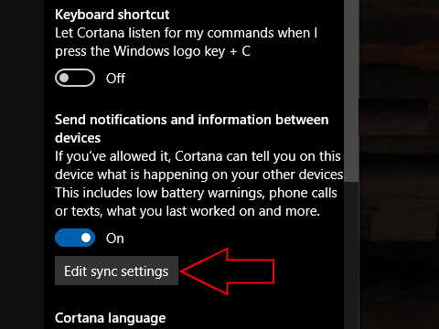Screenshot of Cortana's Edit Sync Settings button