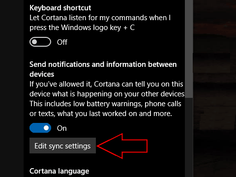 Screenshot of cortana's edit sync settings button