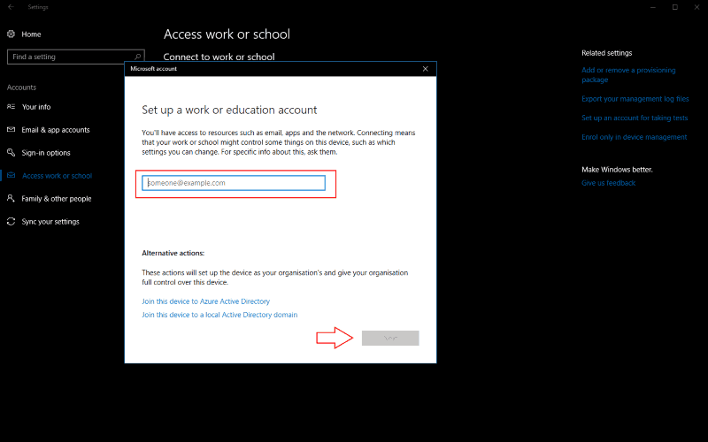 Screenshot of Windows 10 "set up a work account" prompt