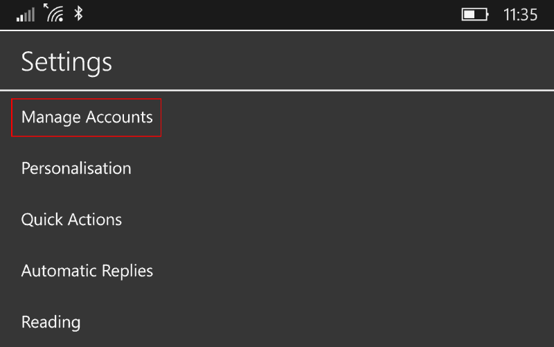 Screenshot of "Manage accounts" in option in Windows 10 Mail app