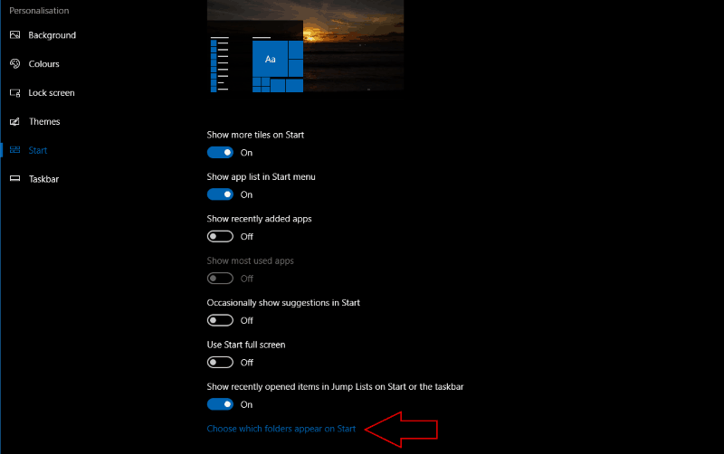 Screenshot of Windows 10 Start menu settings