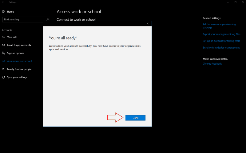 Screenshot of Windows 10 add account confirmation screen