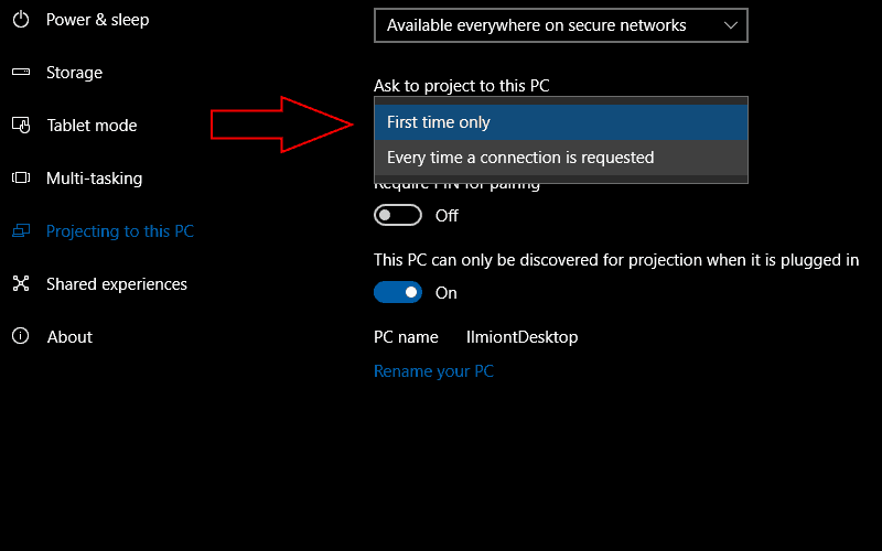 Close-up screenshot of Windows 10 project to PC availability settings