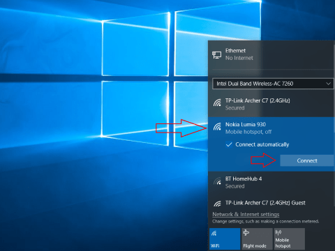 Screenshot of Windows 10 Wi-Fi menu showing a turned off hotspot that can still be connected to