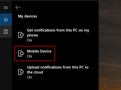 Screenshot of cortana edit sync settings screen