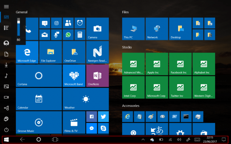 Screenshot of Windows 10 tablet interface with taskbar app icons disabled