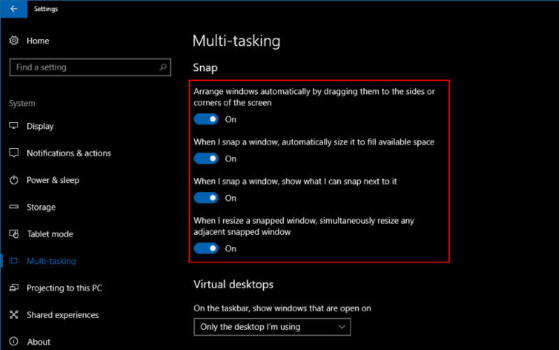 Screenshot of Windows 10 Snap settings page