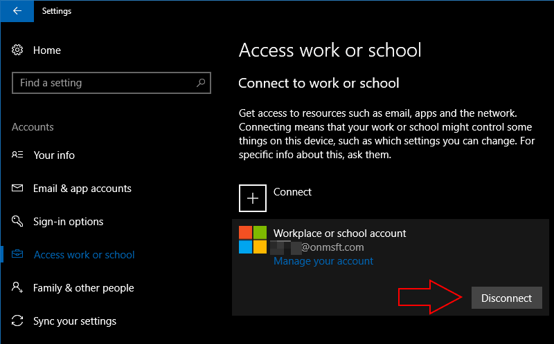 Removing Account from the Access Work and School Menu