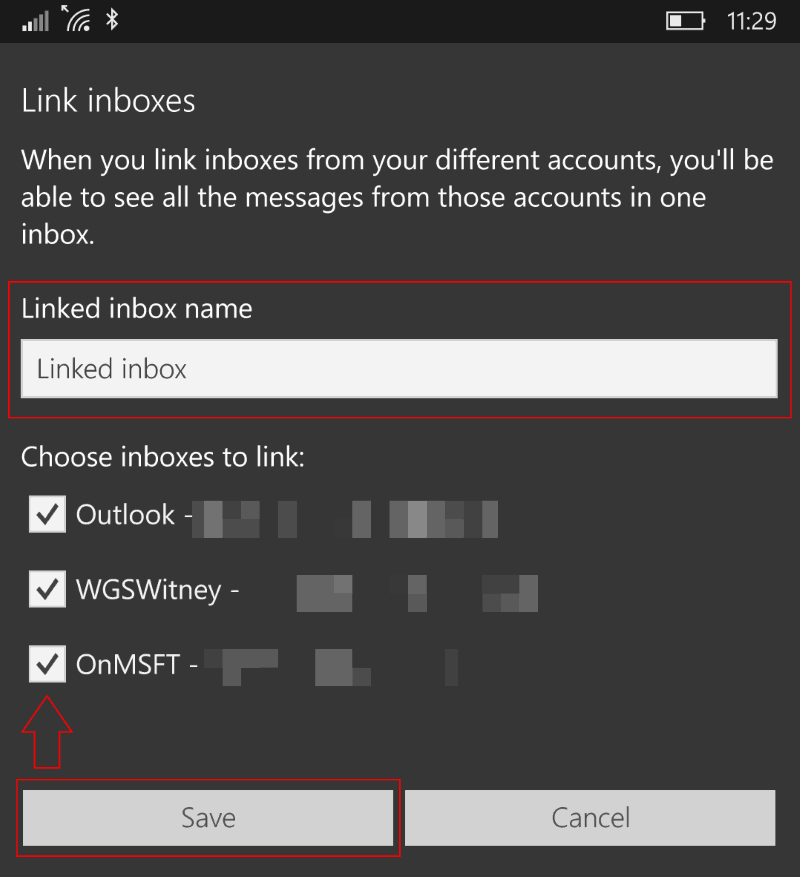 Screenshot of Windows 10 Mail app Linked Inbox settings screen