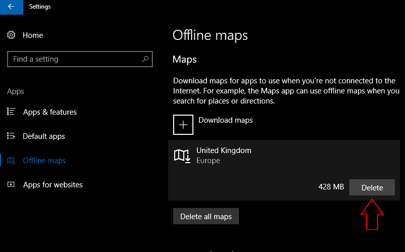 Screenshot of Offline Maps 'Delete' button