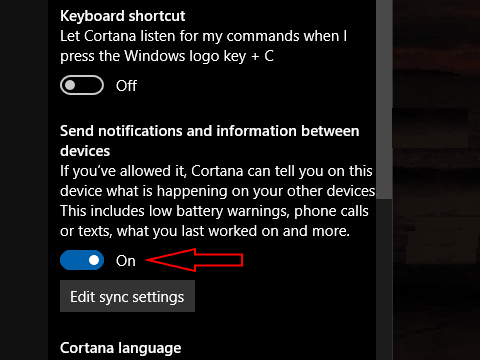 Screenshot of Cortana sync off button