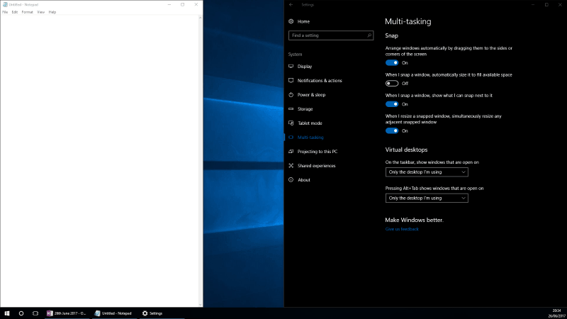 Screenshot of Windows 10 Snap without automatic sizing