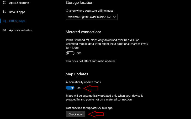 Screenshot of Windows 10 Maps auto update settings