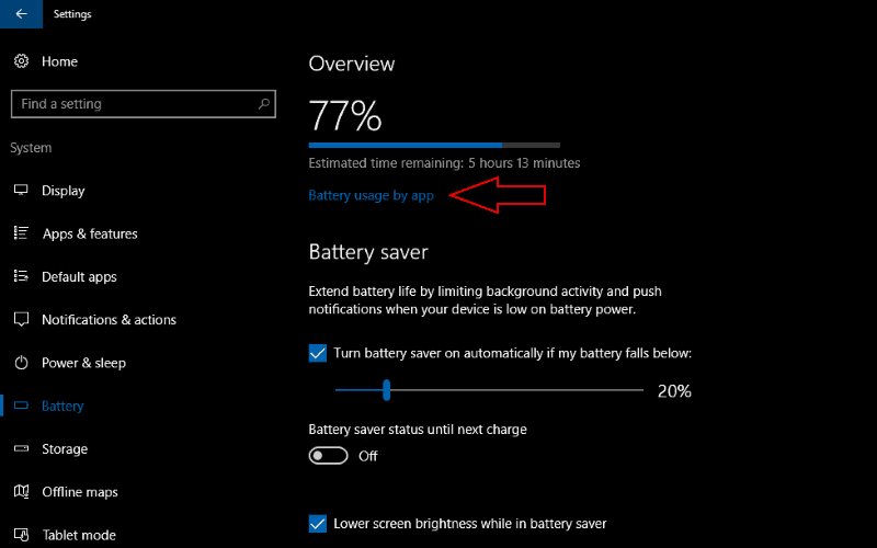 Screenshot of Windows 10 Battery settings screen