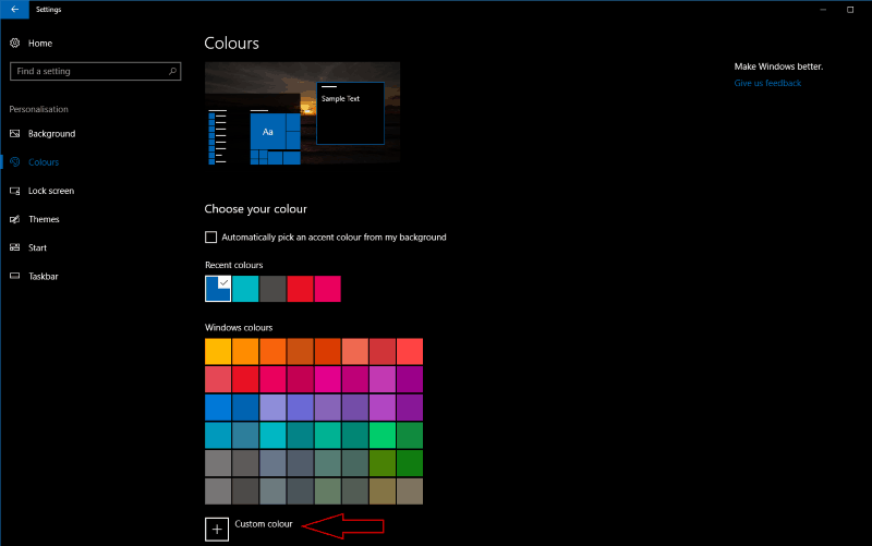 Screenshot of Windows 10 colour settings