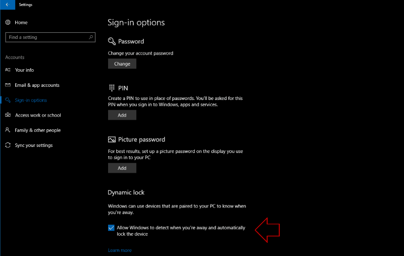 Screenshot of Windows 10 Dynamic Lock