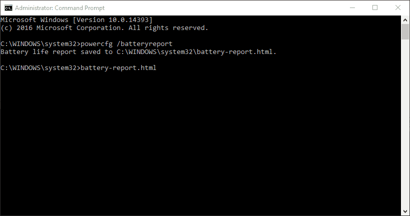 Screenshot of cmd battery-report command