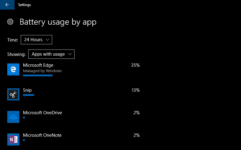 Screenshot of Windows 10 battery usage by app screen