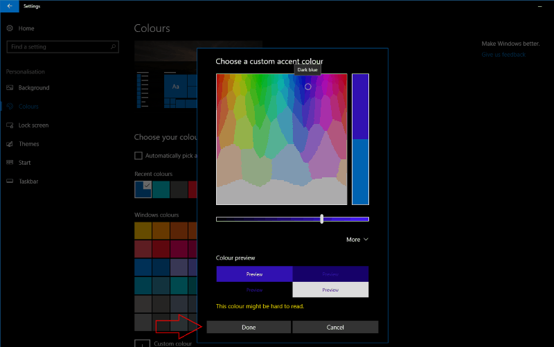 Screenshot of Windows 10 custom colour settings