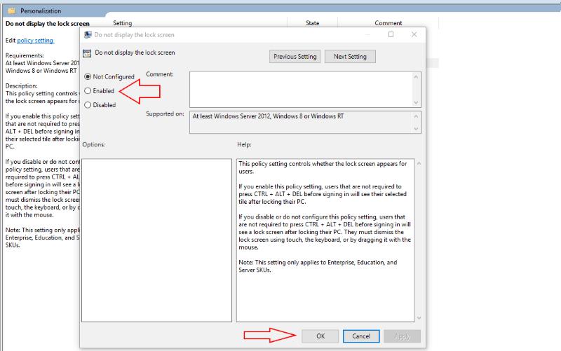 Screenshot of Windows 10 group policy setting disable lock screen