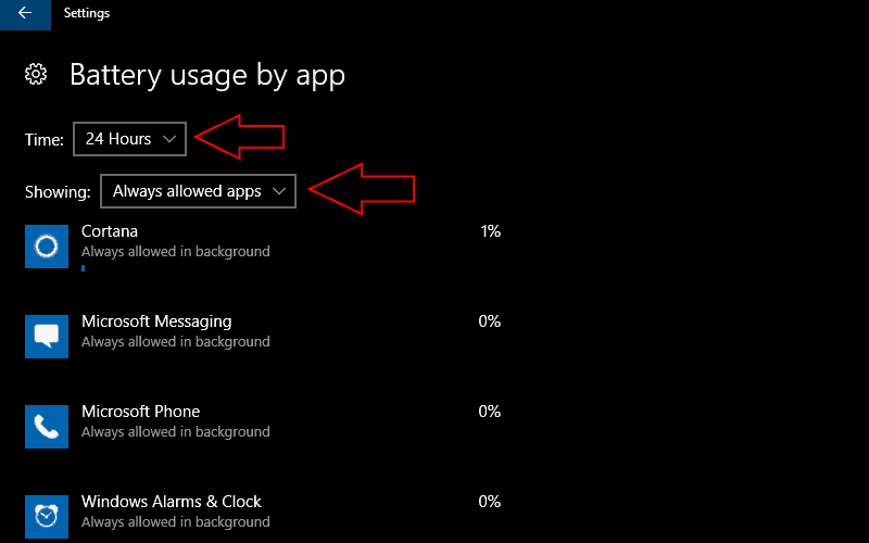 Screenshot of WIndows 10 battery usage screen filtered to always-allowed apps