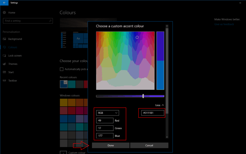 Screenshot of Windows 10 custom colour settings