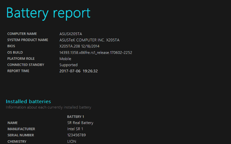 Screenshot of Windows 10 battery report