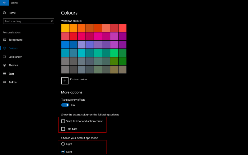 Screenshot of Windows 10 colour accent settings