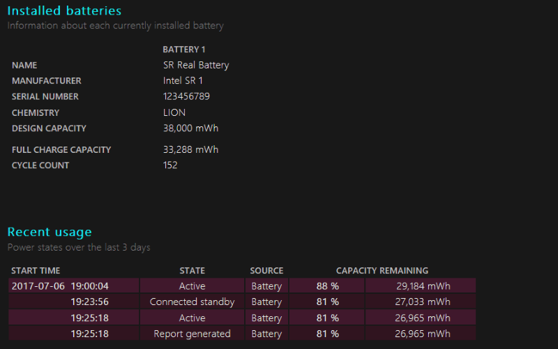 Screenshot of Windows 10 battery report