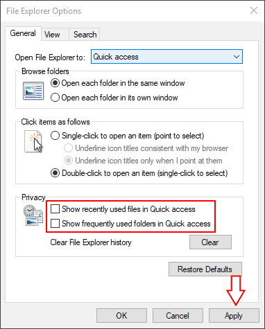 Screenshot of Windows 10 File Explorer settings