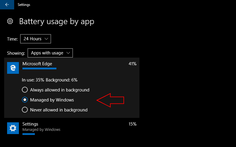 Screenshot of Windows 10 adjusting app power settings