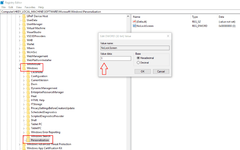 Screenshot of Windows 10 registry setting for disable lock screen