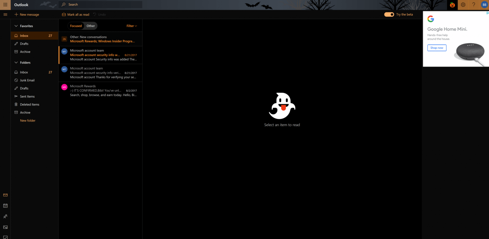 Microsoft makes Outlook.com spooky for Halloween - OnMSFT.com - October 30, 2017
