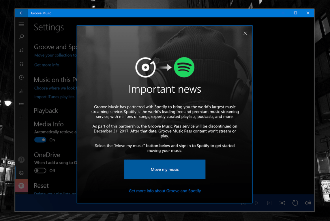 Fast ring insiders can now move over their groove music collection to spotify - onmsft. Com - october 4, 2017