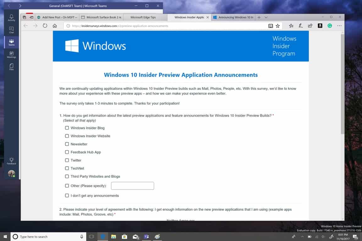 The Windows Insider team offers new app preview survey to gauge release methods - OnMSFT.com - November 16, 2017