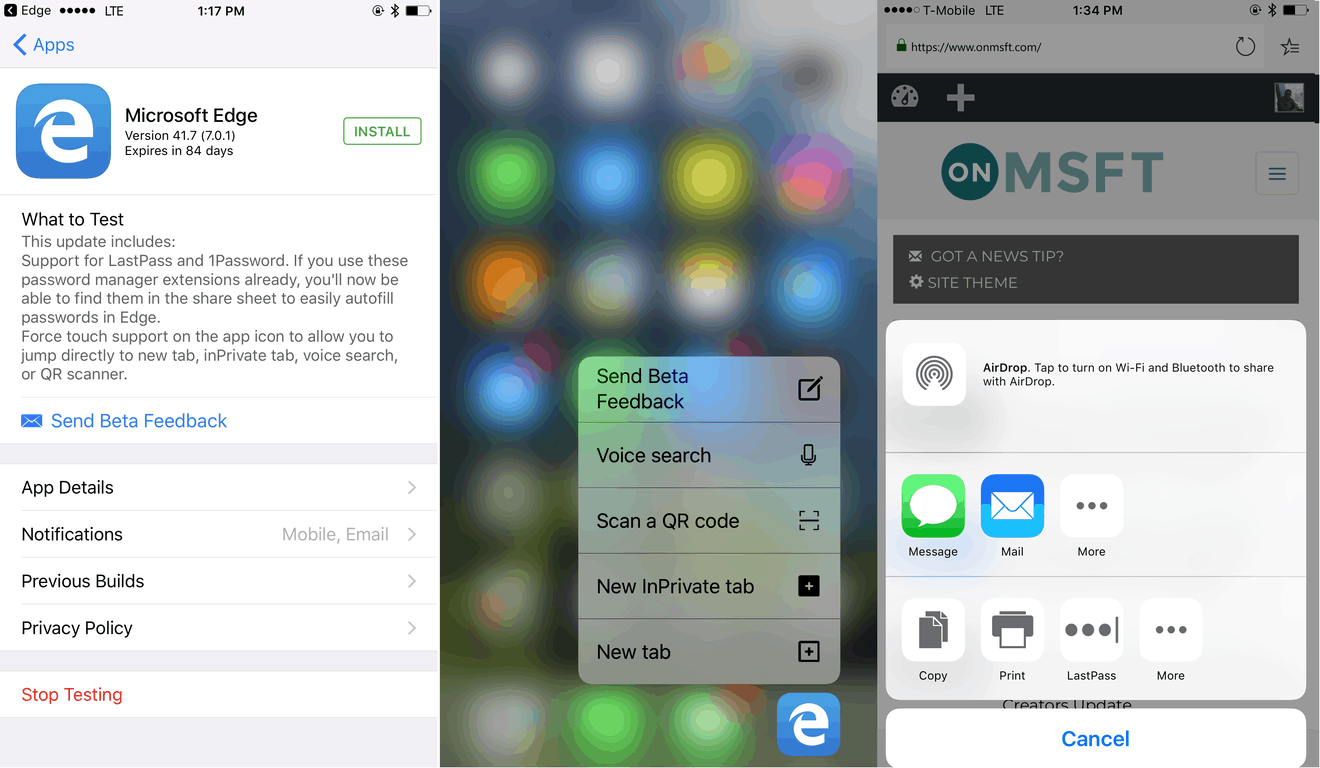 Microsoft edge beta on ios updated with support for lastpass, 1password extensions, and 3d touch - onmsft. Com - december 28, 2017