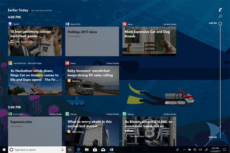 Windows 10 Insider build 17063 Timeline