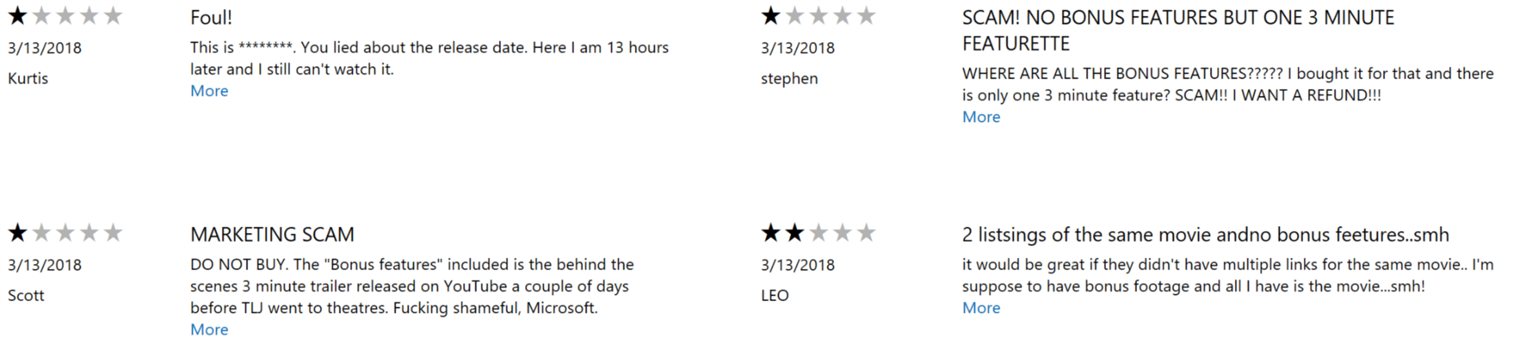 Microsoft Store pre-orders of The Last Jedi missing bonus features, fans furious 2 The Last Jedi reviews in the Microsoft Store