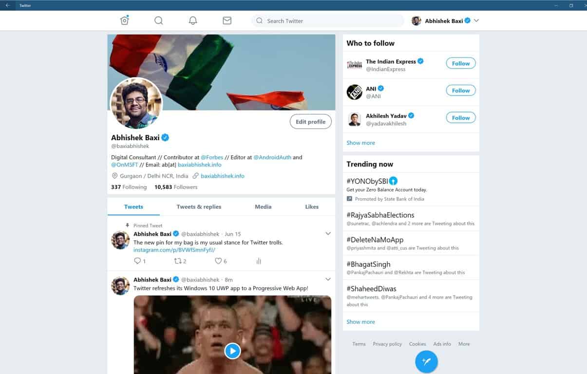 First Twitter PWA update on Windows 10 brings several usability improvements - OnMSFT.com - April 2, 2018