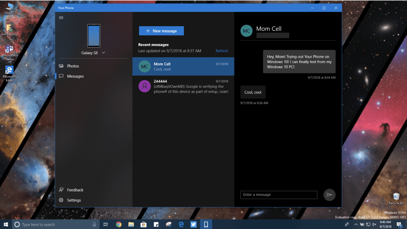 Sms integration goes live in windows 10 your phone app if you have an android phone - onmsft. Com - september 7, 2018