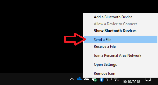 Screenshot of Bluetooth system tray menu