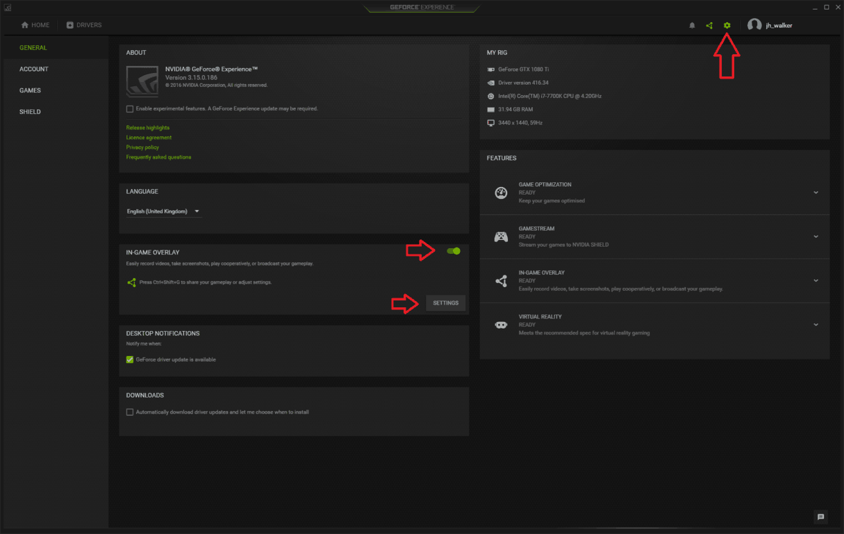 Screenshot of GeForce Experience settings